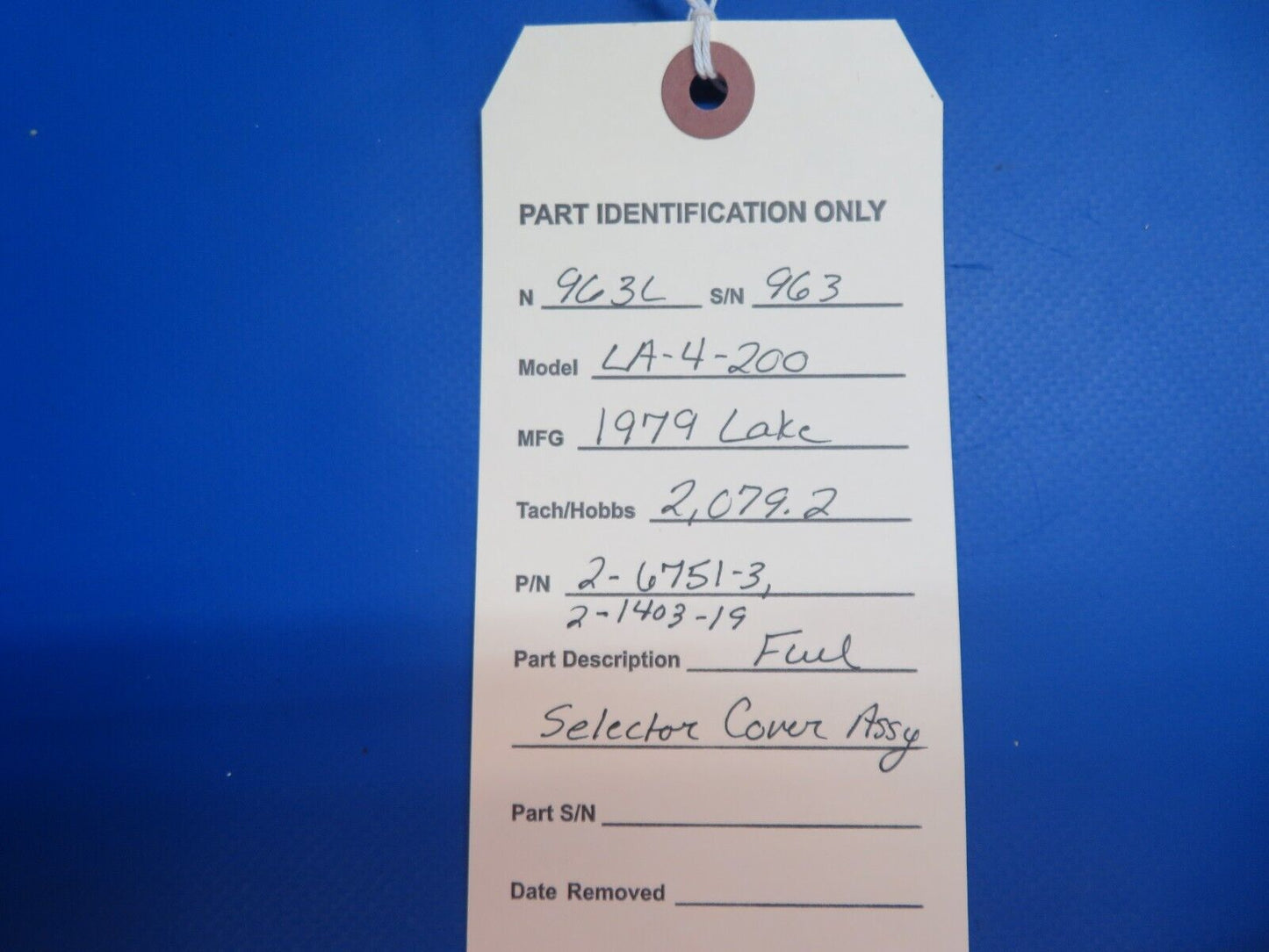 Lake LA-4-200 Fuel Selector Cover Assy P/N 2-6751-3, 2-1403-19 (1222-820)