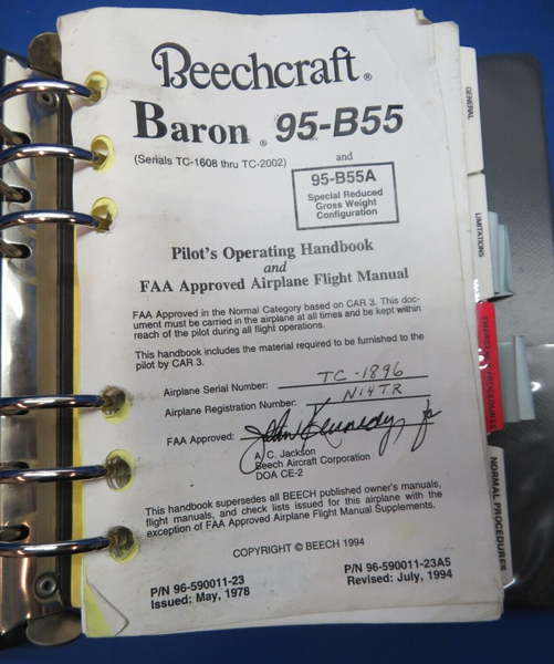 Beech Baron 95-B55 Pilots Operating Handbook P/N 96-590011-23A5 (0723-627)