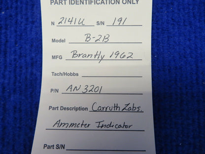 Brantly B-2B Carruth Labs Ammeter Indicator P/N AN3201 (0222-285)