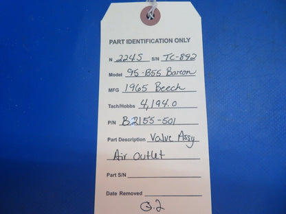 Beech 95-B55 Baron Valve Assy Air Outlet P/N B2155-501 (0123-592)