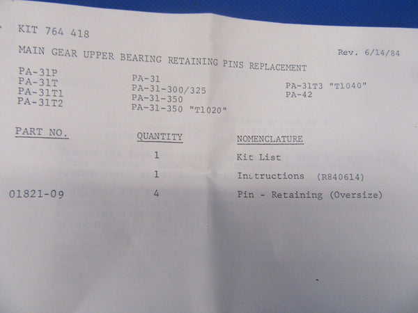 Piper Navajo / Cheyenne MG Upper Bearing Retain Pins P/N Kit 764-418 (0218-214)