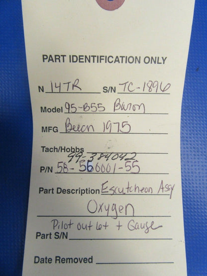 Beech Escutcheon Oxygen Outlet & Gauge P/N 58-560001-55 & 99-384042 (1018-291)