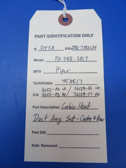 Piper PA-28R-201T Cabin Heat Duct Assy Set Center & Rear P/N 36511-02 (1122-479)