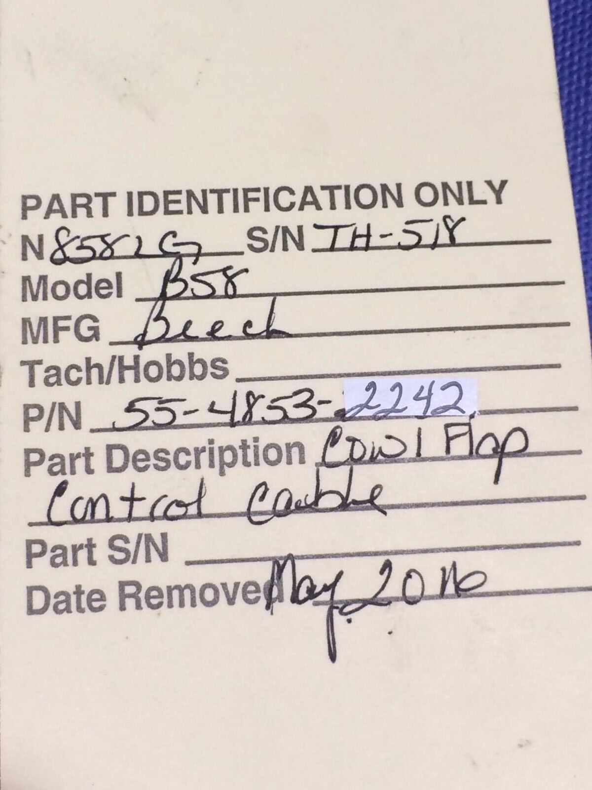 Beech Baron 58 Cowl Flap Control Cable LH P/N 55-4853-2242 (0816-105)