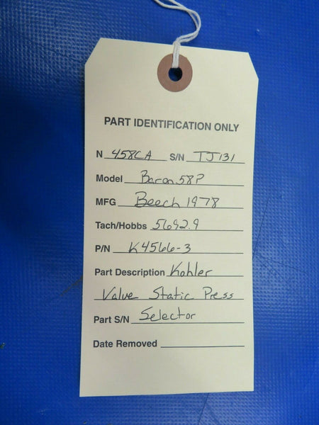 Beech Baron 58P Kohler Valve Static Press Selector P/N K4566-3 (0320-323)
