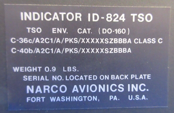 Narco Navigation Indicator w/ Connector P/N ID-824 WARRANTY (1023-904)