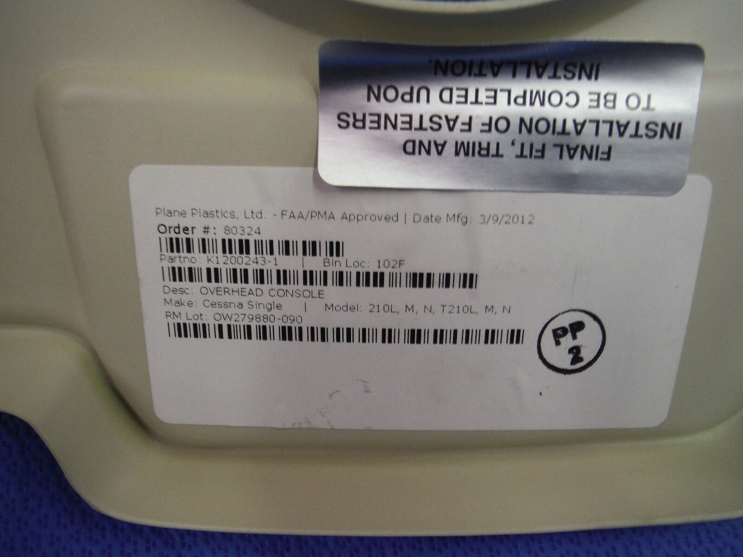 Cessna Overhead Console  (MFG Plane Plastics)   P/N 1200243-1  (1115-38)
