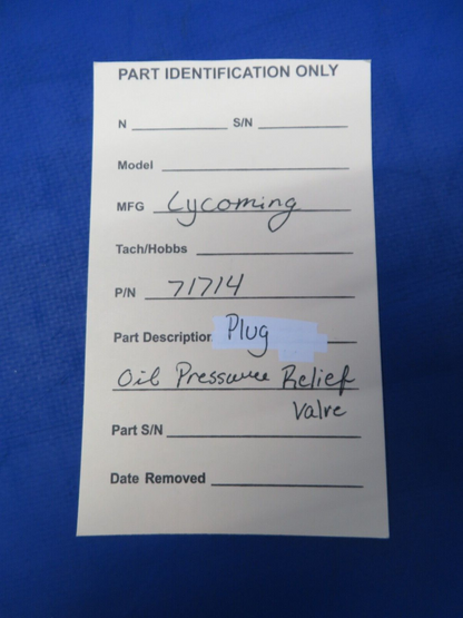 Lycoming Plug Oil Pressure Relief Valve P/N 71714 NOS (1023-499)