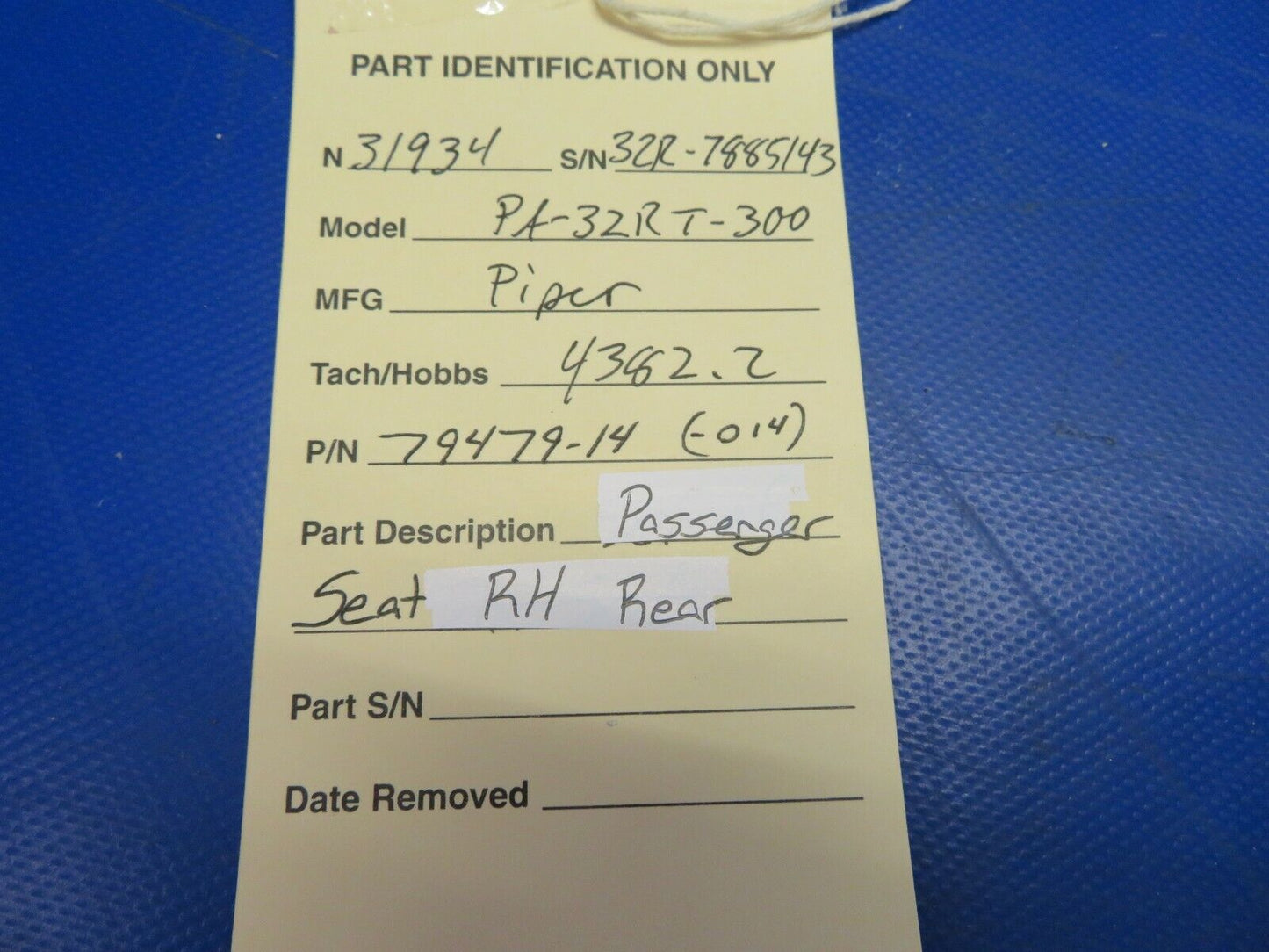 Piper PA-32RT-300 Passenger Seat RH Rear P/N 79479-014, 79479-14 (0620-714)
