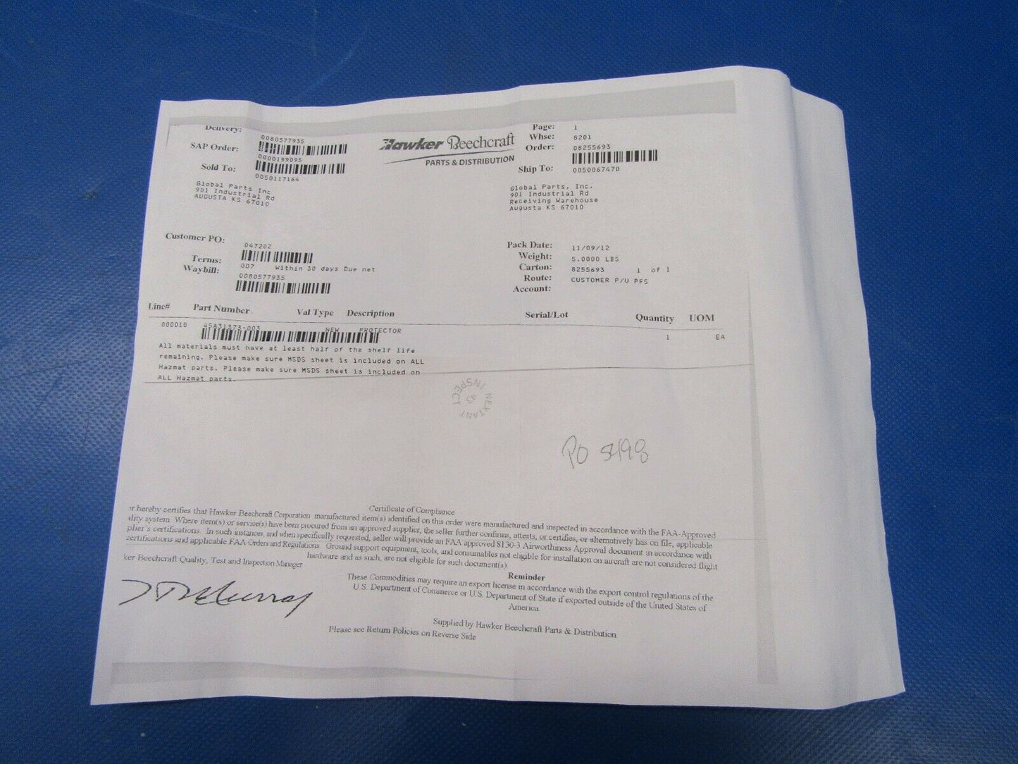 Hawker Beech Protector P/N 45A31373-003 NOS (0419-181)