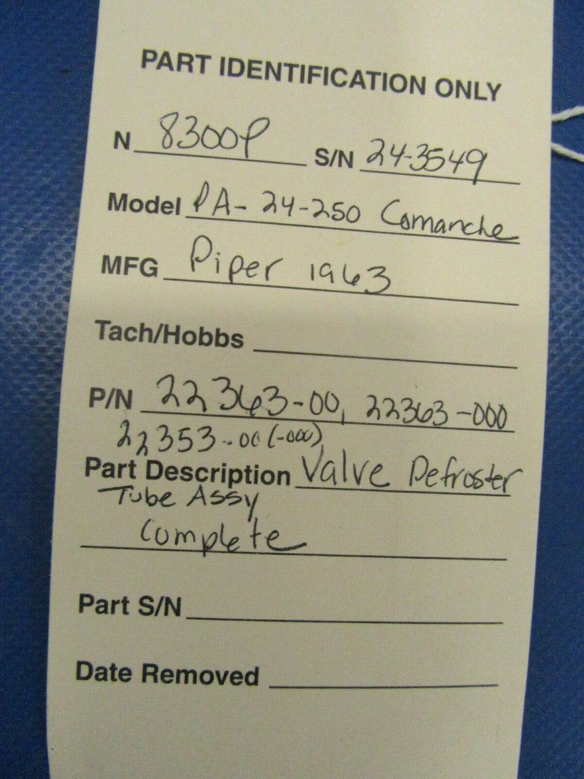 Piper PA-24-250 Comanche Tube / Valve Defroster Outlet 22363-00 (1219-33)