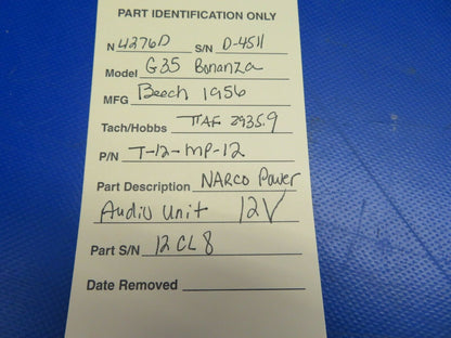 Beech G35 Bonanza Narco Power Audio Unit 12V P/N T-12-MP-12 (0620-379)