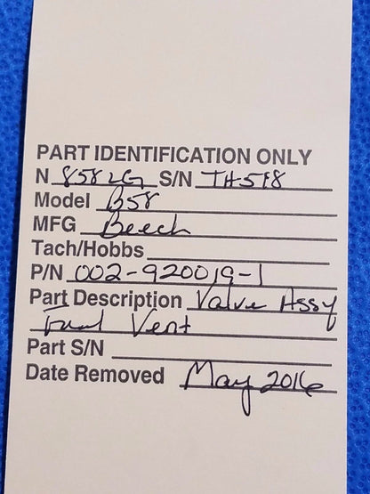 Beech Baron 58 Fuel Vent Valve Assy P/N 002-920019-1 (0616-182)