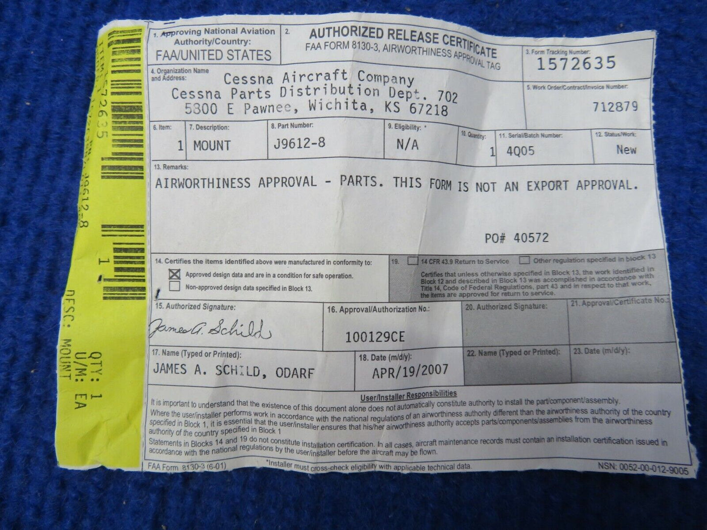 Cessna Engine Shock Mount P/N J9612-8 NOS w/ 8130 (0522-73)
