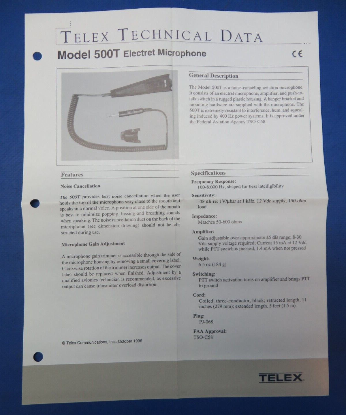 Telex Electret Aviation Microphone P/N 500T NOS (0923-665)
