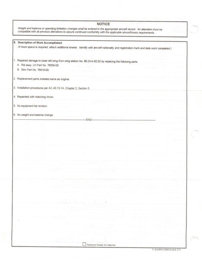 1980 Piper PA-34-200T Seneca II LH Wing P/N 37093-12L w/ De-ice (0224-95)