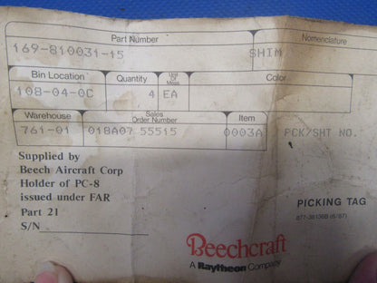 Beech Sierra Shim Main Gear P/N 169-810031-15 LOT OF 4 NOS (1218-235)
