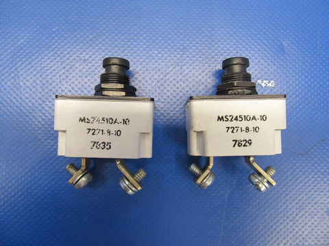 Klixon 10 Amp Circuit Breakers P/N MS24510A-10 LOT OF 2 (0318-323)