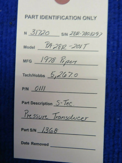 Piper Arrow S-Tec Pressure Transducer P/N 0111 S/N 1368 (0222-767)