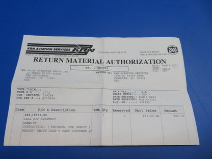 Compressor Seal Kit for SI-2393 P/N 488-15751-00 NOS  (1022-525)