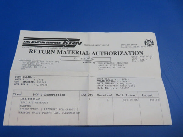 Compressor Seal Kit for SI-2393 P/N 488-15751-00 NOS  (1022-525)